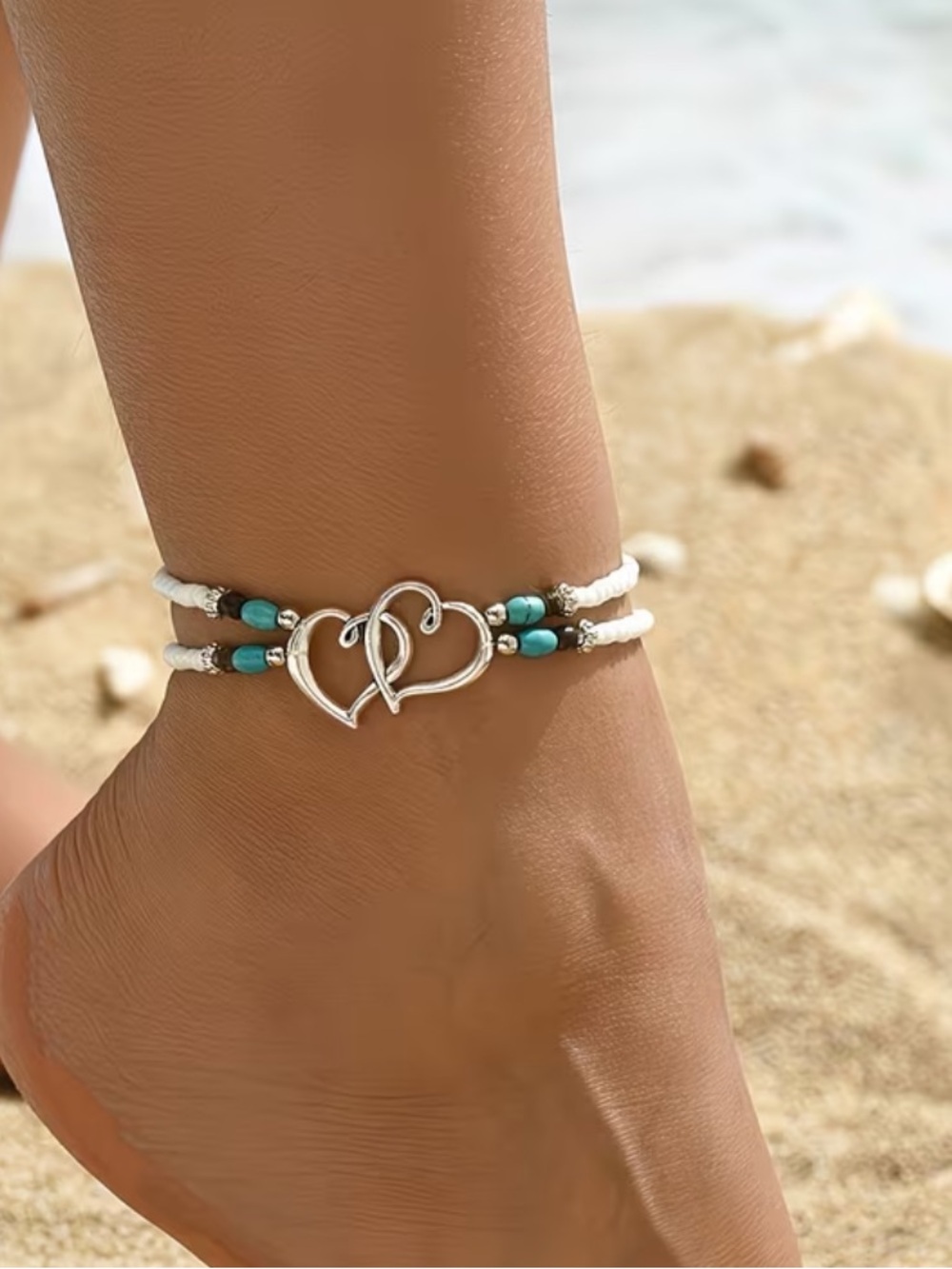 Double Heart Beaded Anklet in Turquoise & White